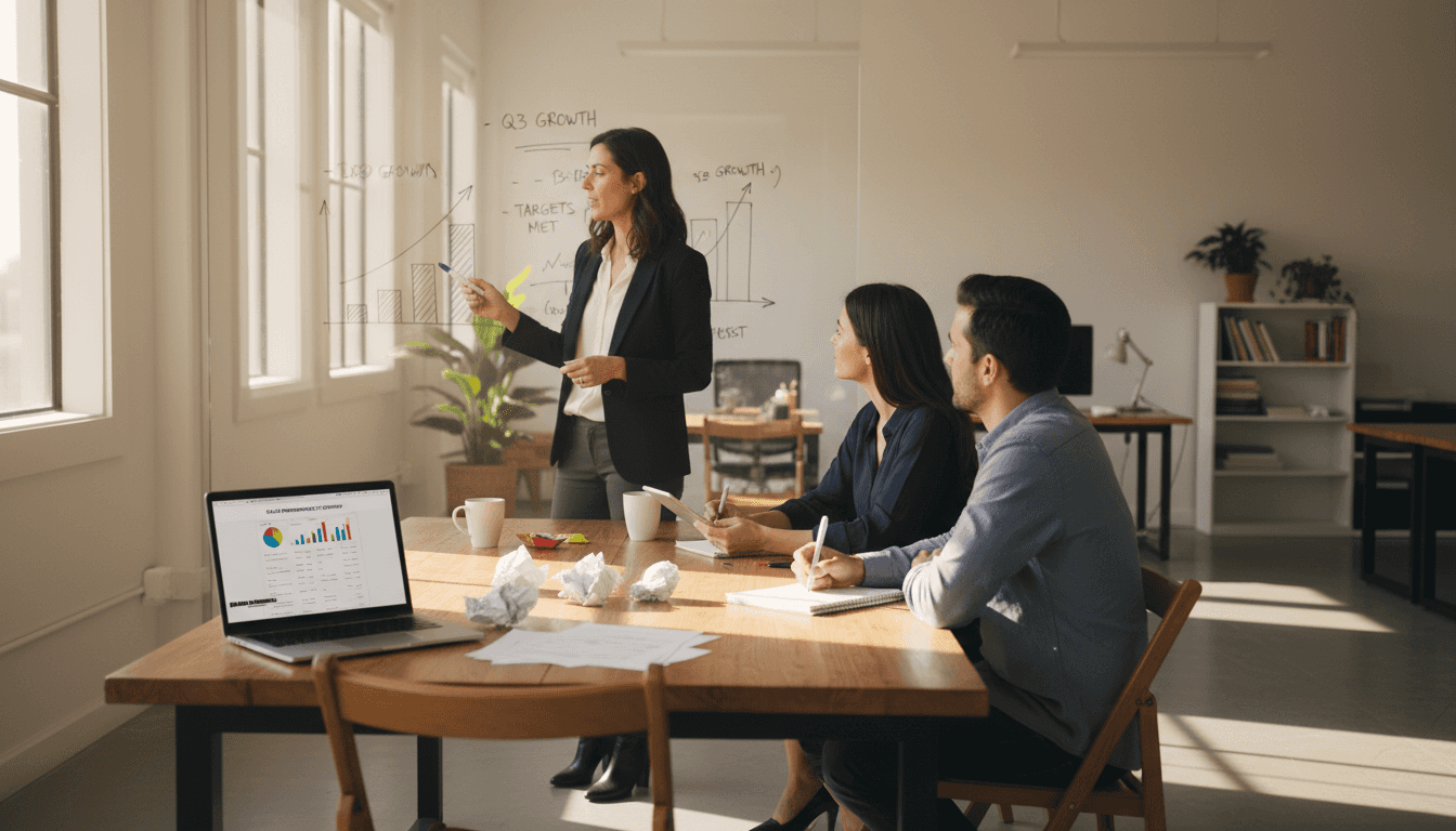 Manager discussing growth metrics at office board