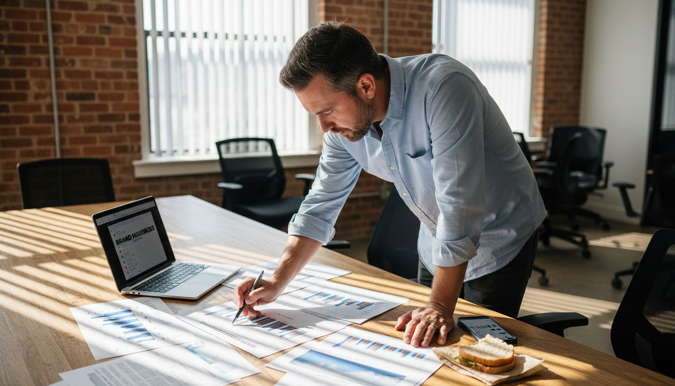 Director reviews revenue charts at cluttered desk