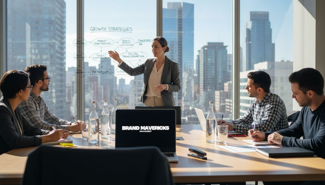 Manager presents partnership strategy boardroom scene