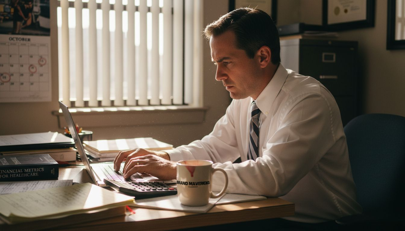 CFO working on cashflow forecasts healthcare office