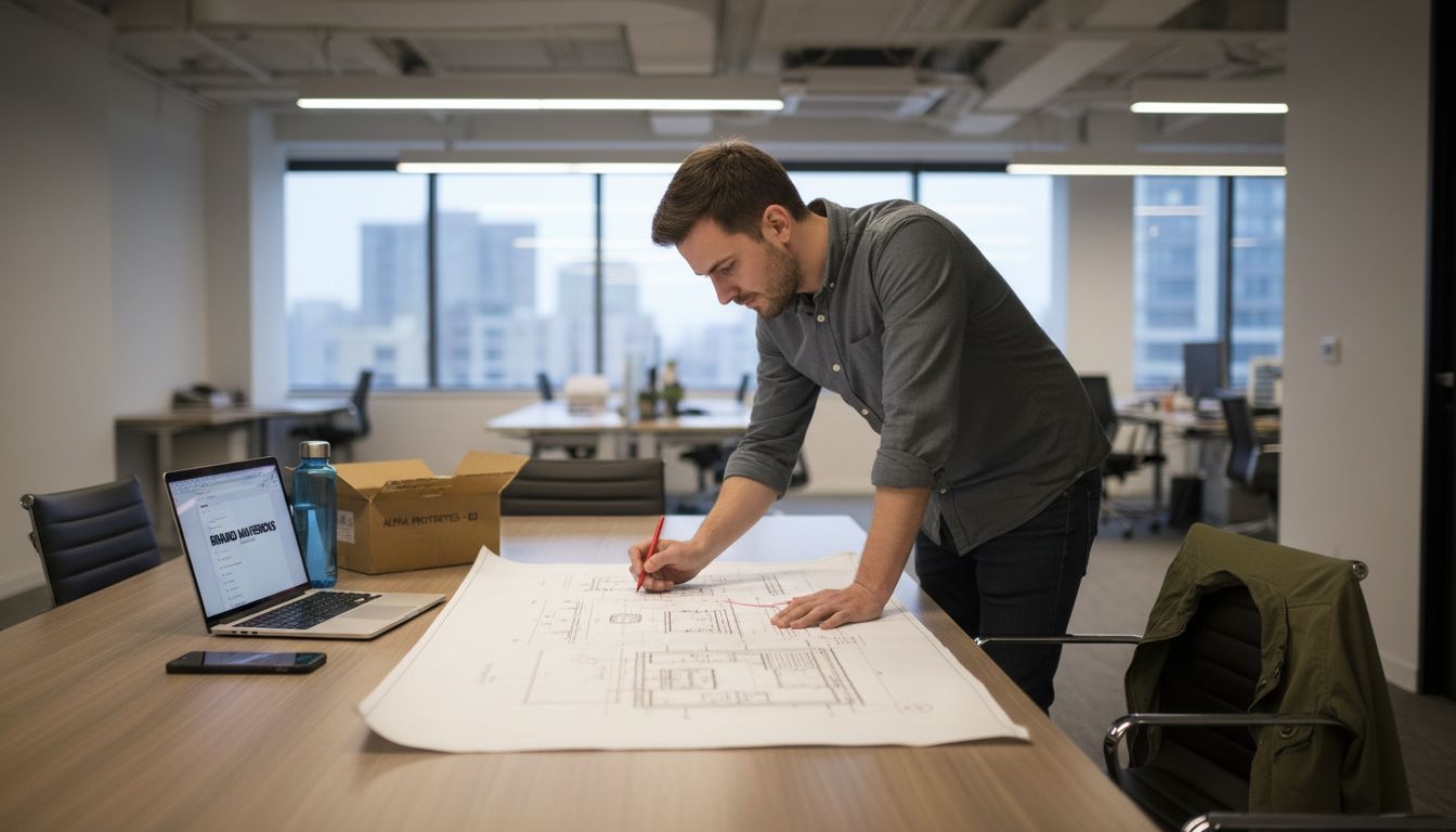 Product manager revising plans with prototypes nearby