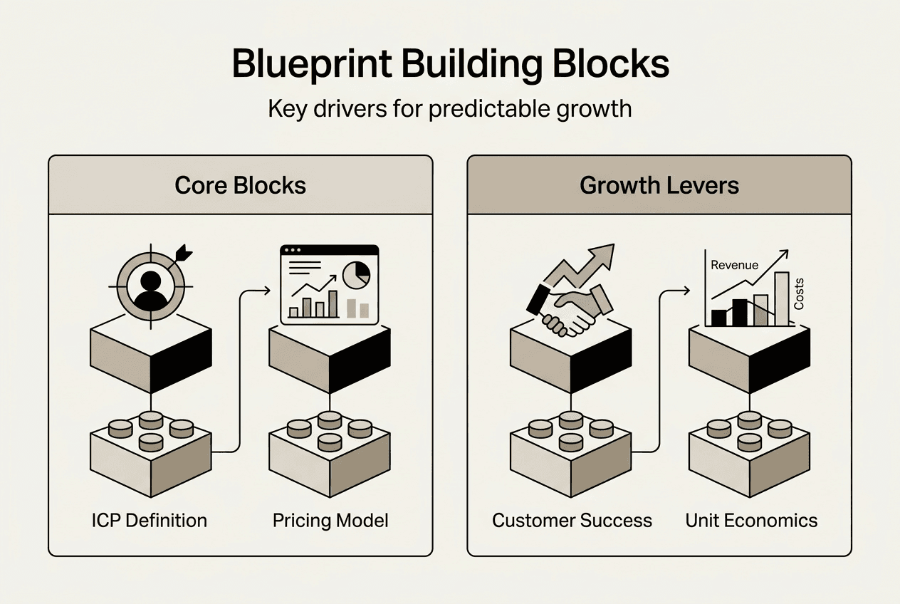 Infographic showing blueprint building blocks for growth