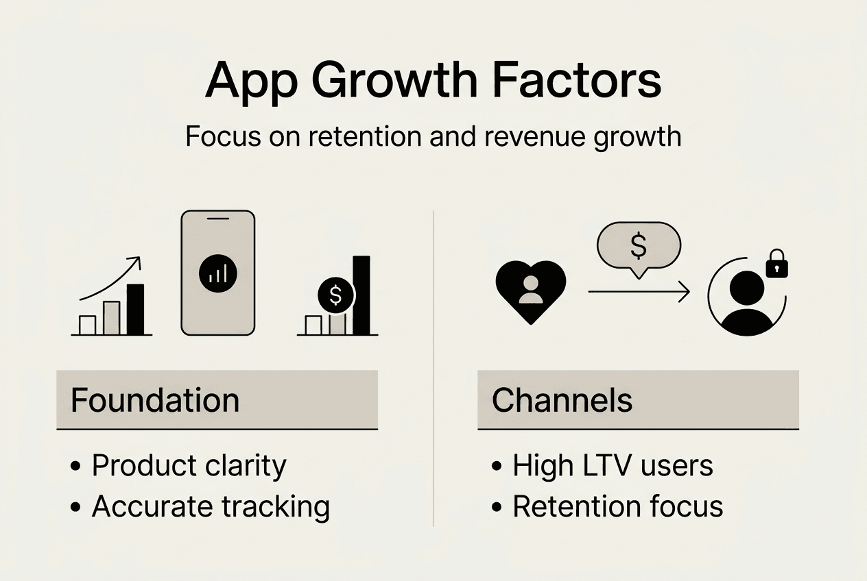 Infographic showing app growth factors and channels