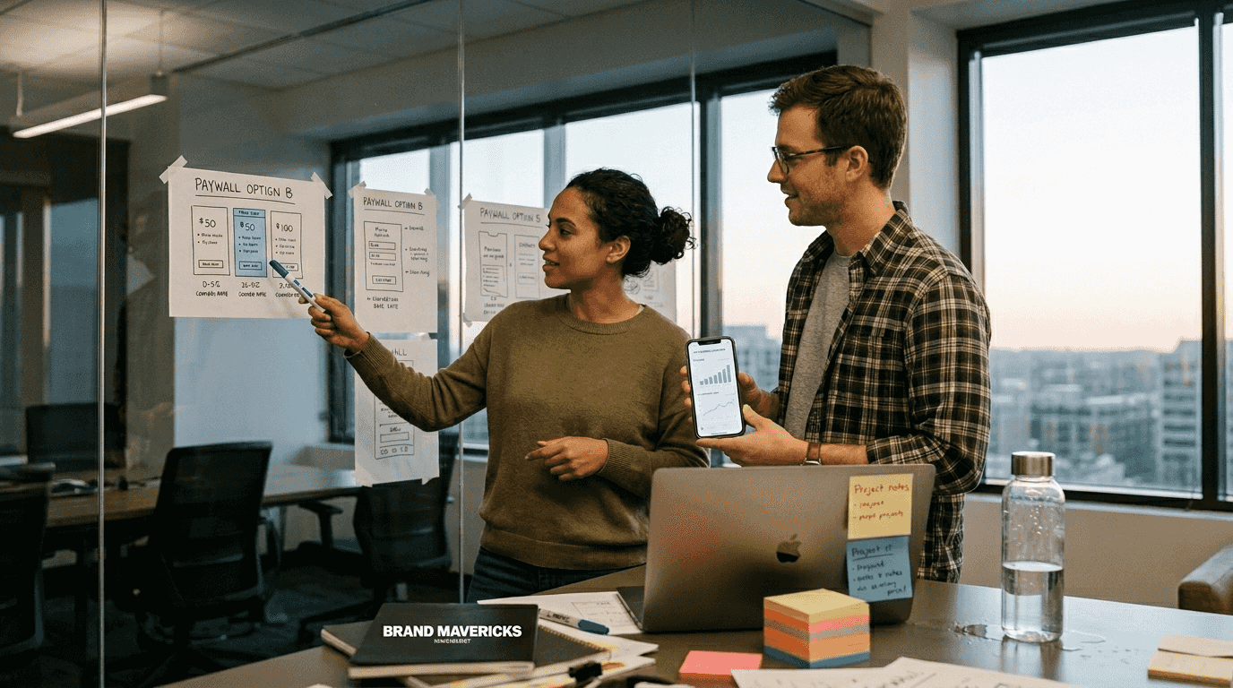 Managers reviewing app paywall designs