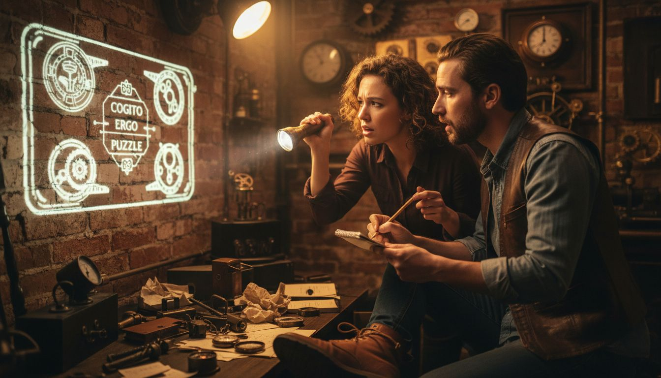 Group solving projected code clue in escape room