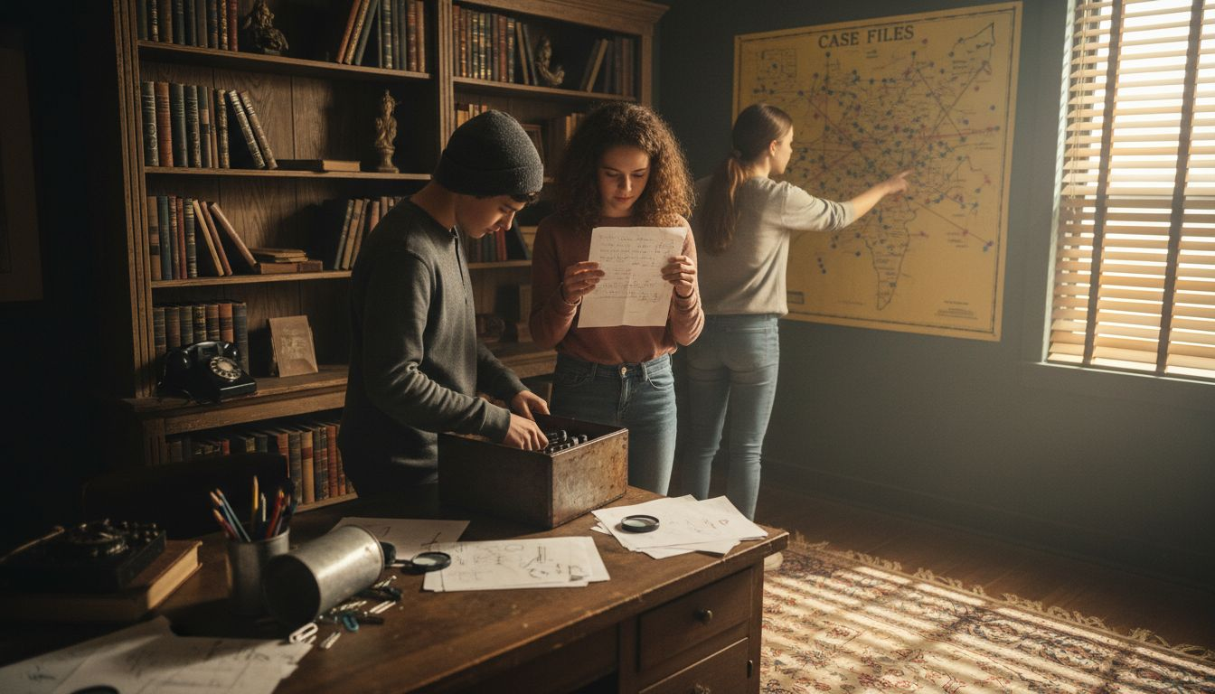 Teenagers collaborating on escape room clues