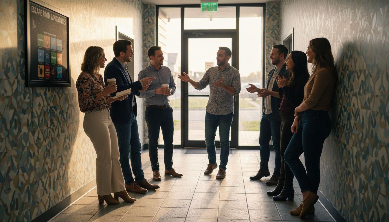 Colleagues discussing teamwork outside escape room