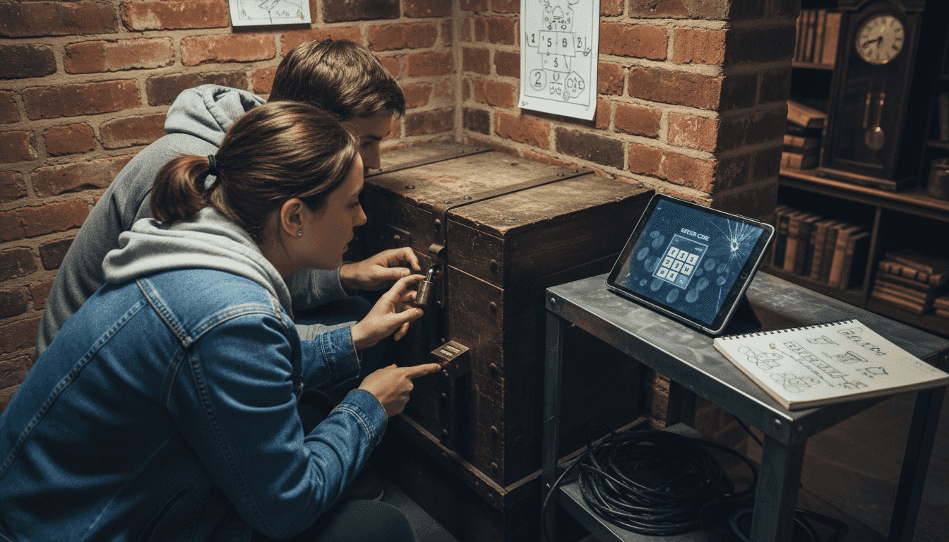 Players working on digital and physical puzzles