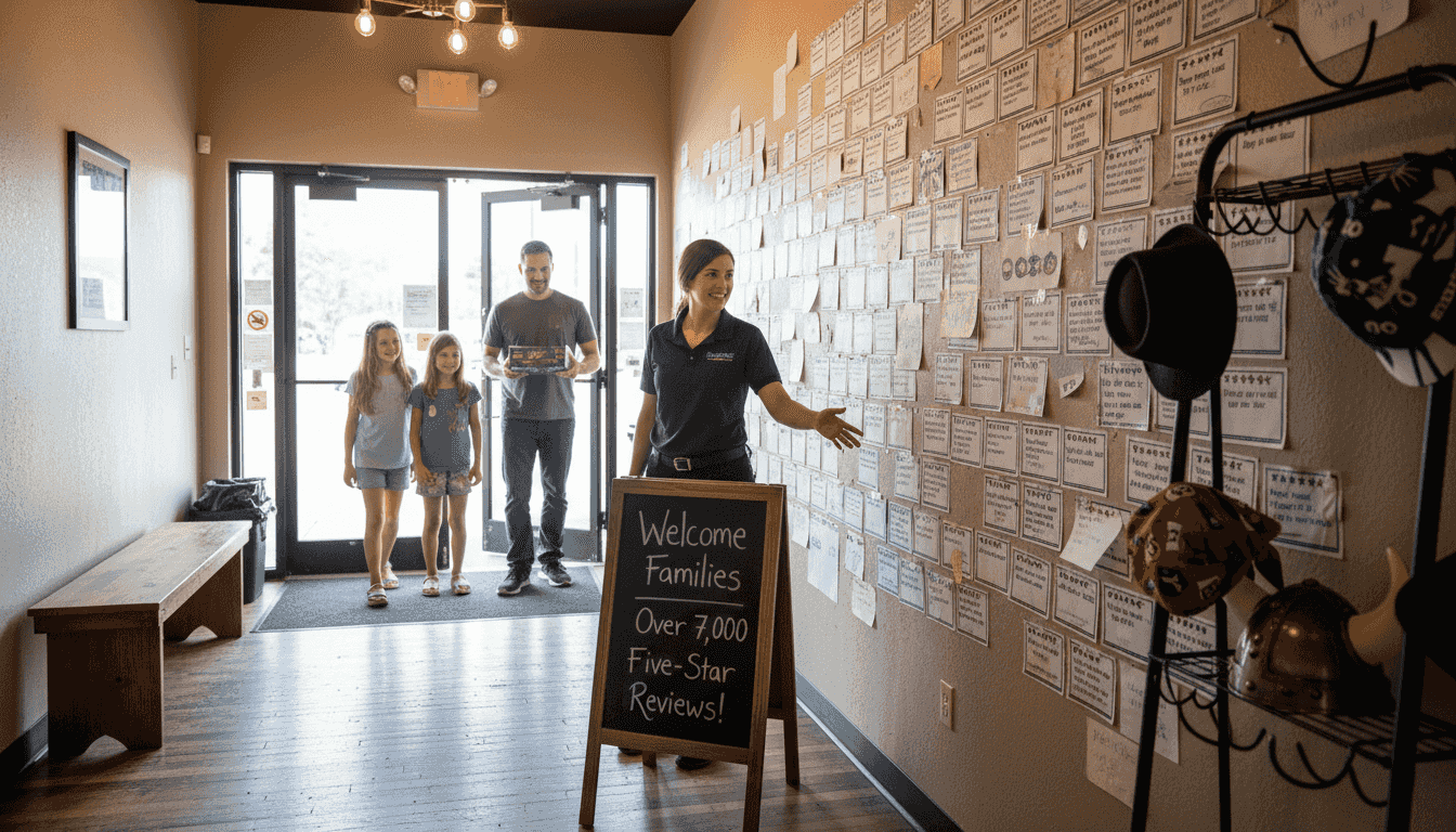 Escape room lobby with review wall display
