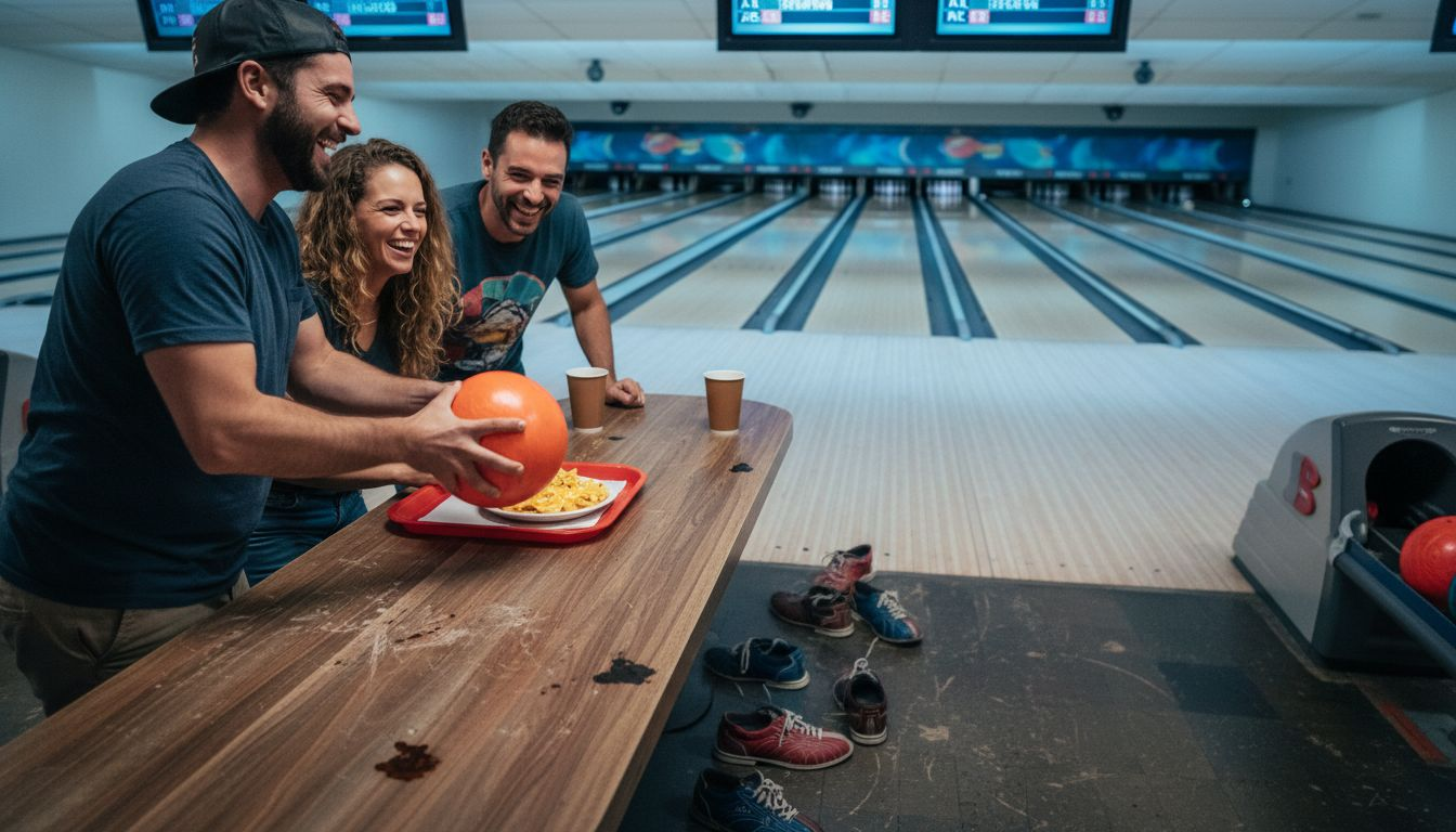Friends bowling and chatting at lane table