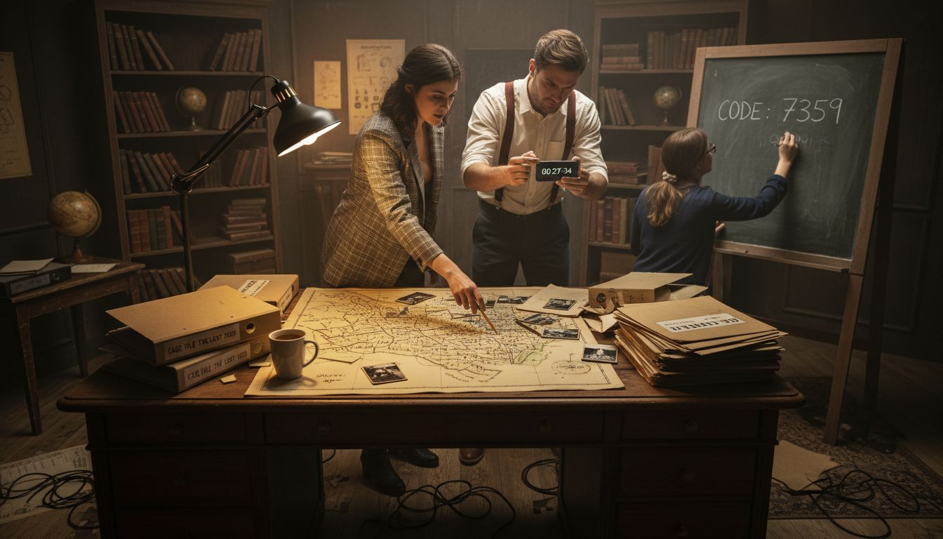 Coworkers collaborating on escape room clues