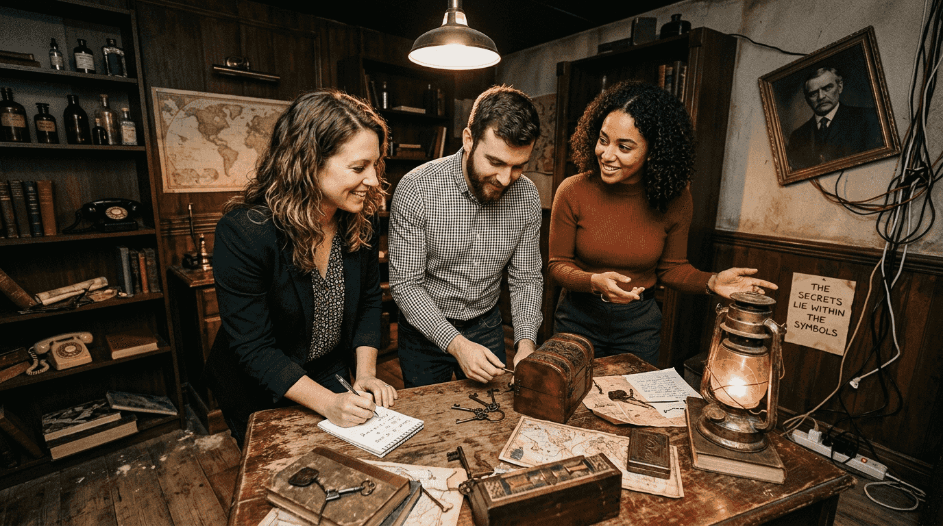 Coworkers bonding during escape room teamwork