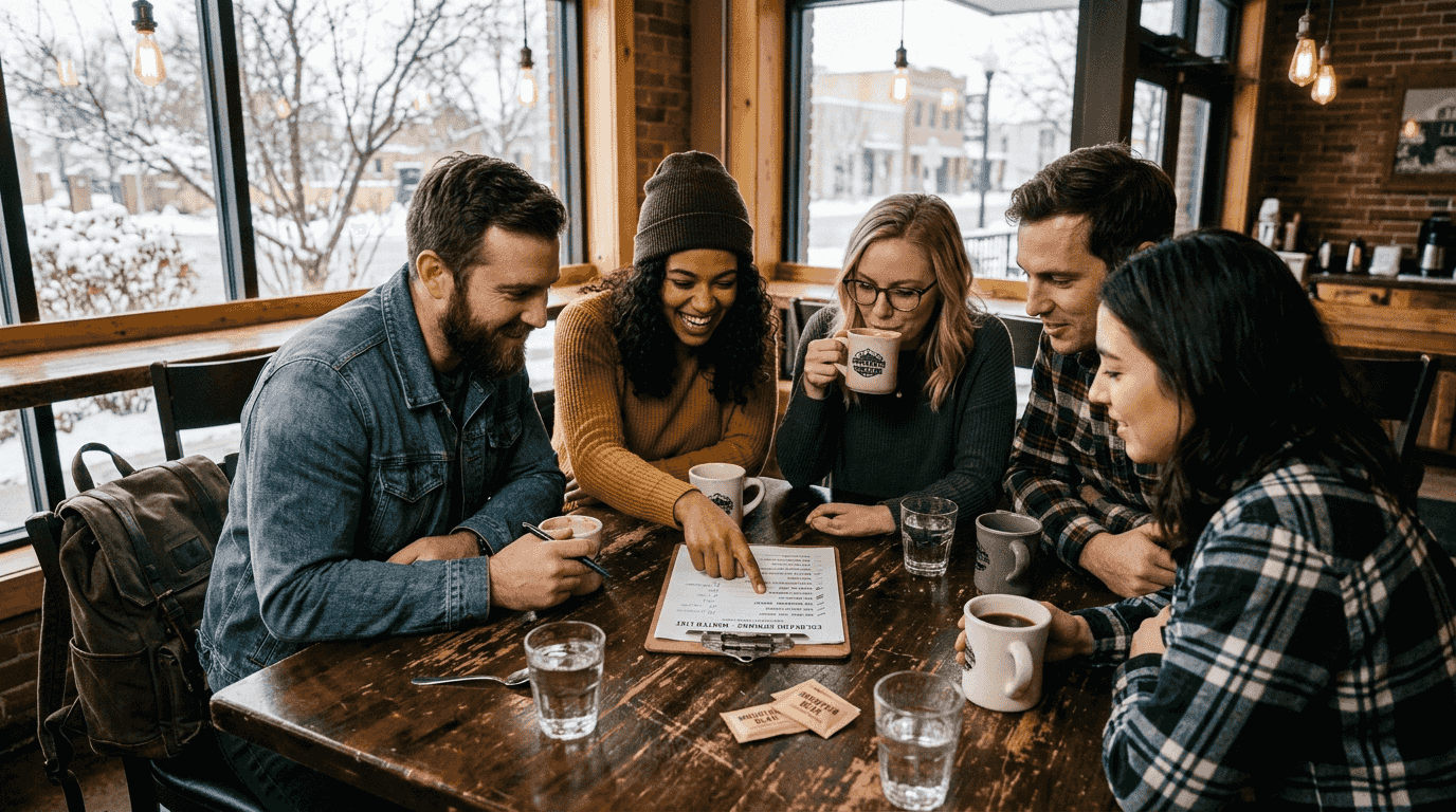 Group reviewing escape room options in café