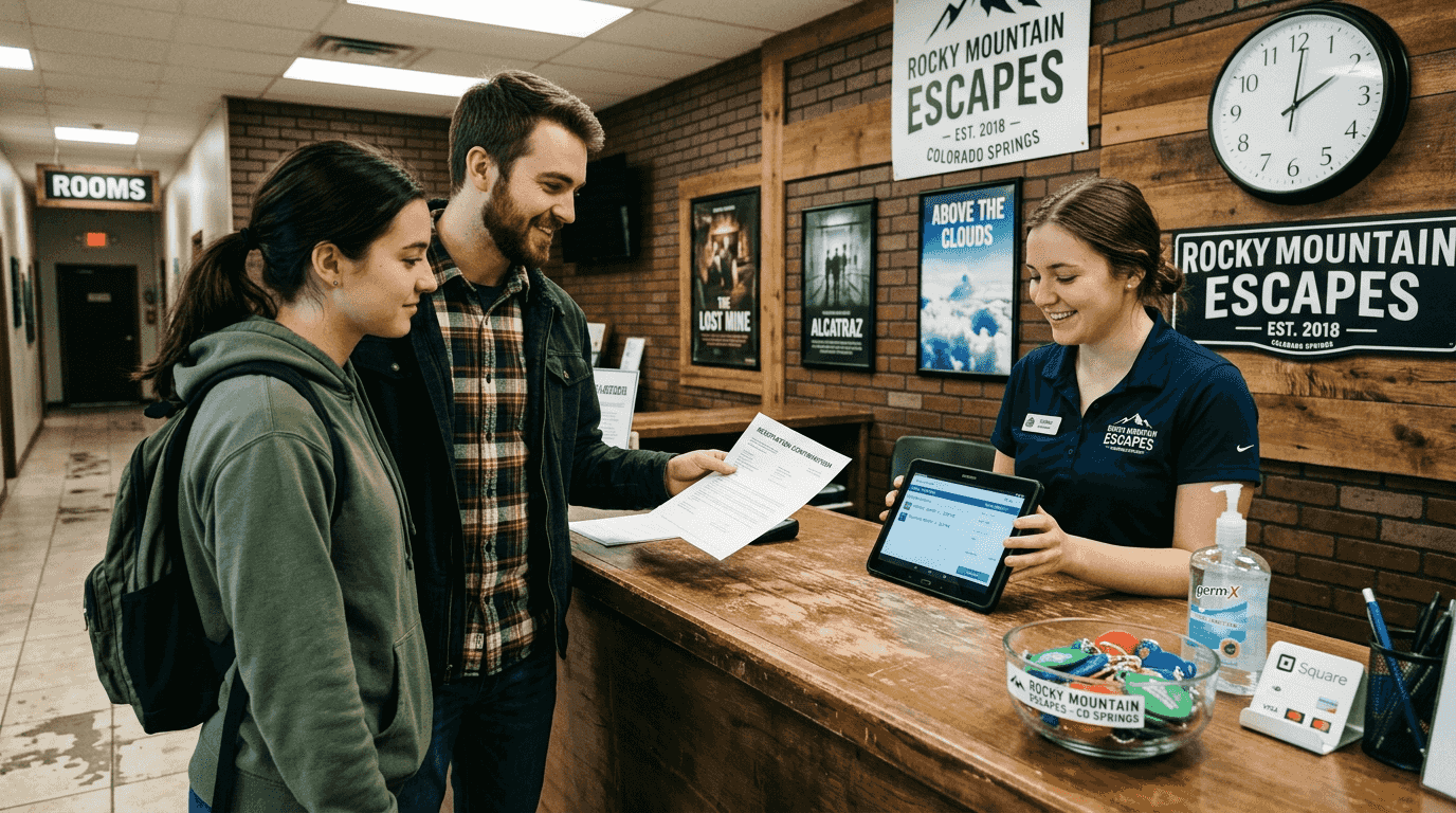 Checking in at an escape room front desk
