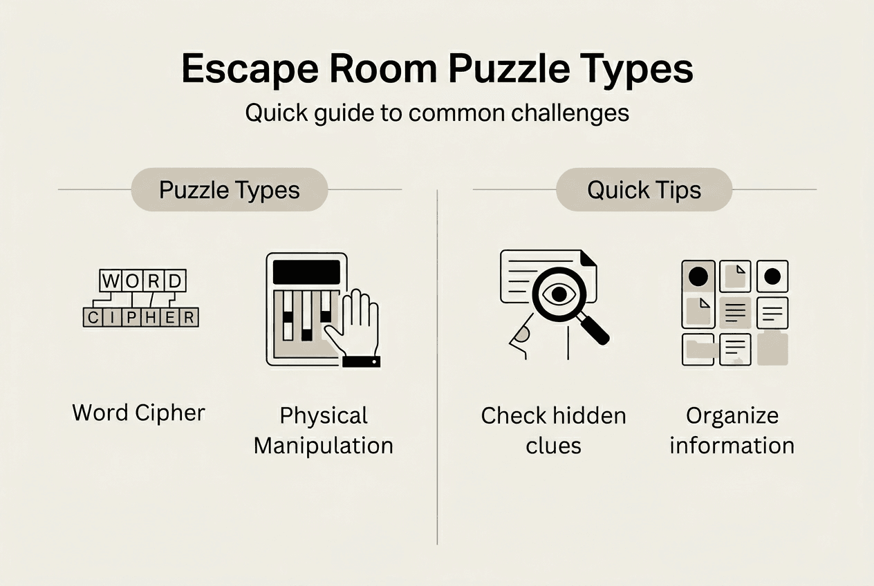Infographic of escape room puzzle types and tips