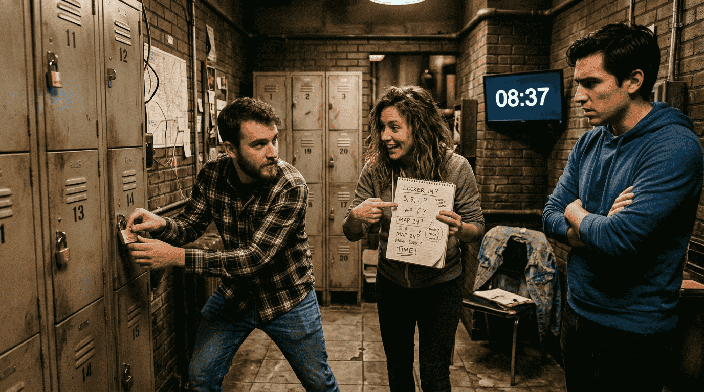 Team interacting under pressure in escape room