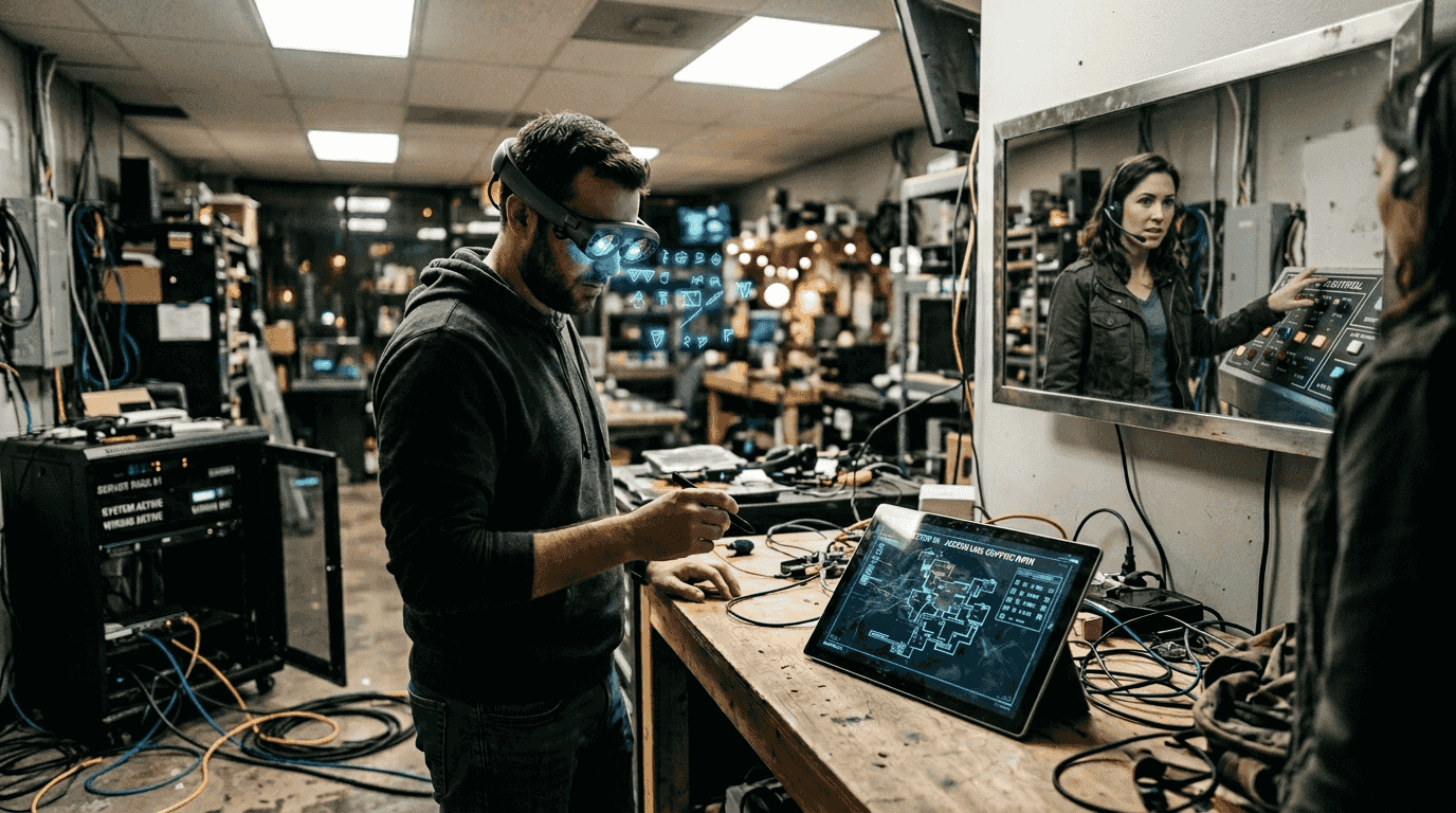 Player solving AR puzzle in tech escape room