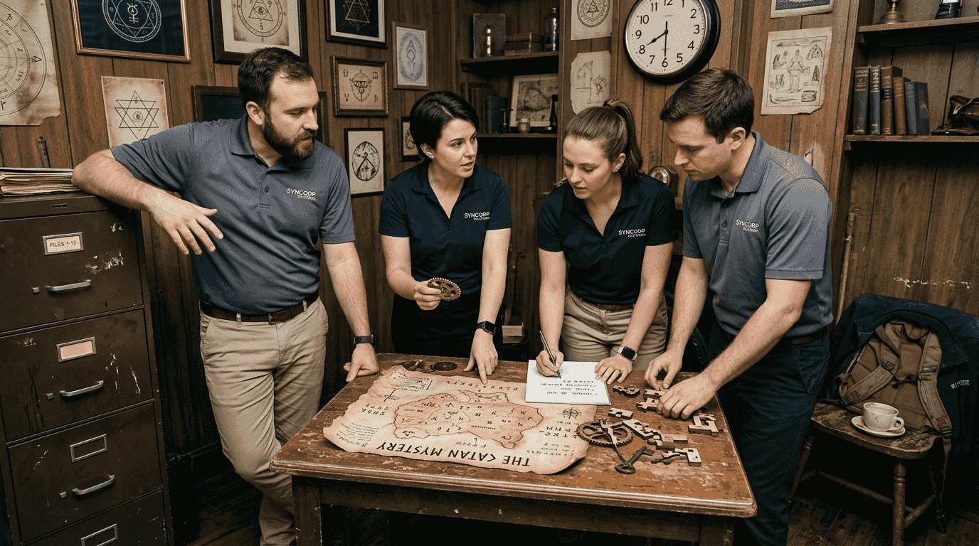 Small group discusses clues in escape room