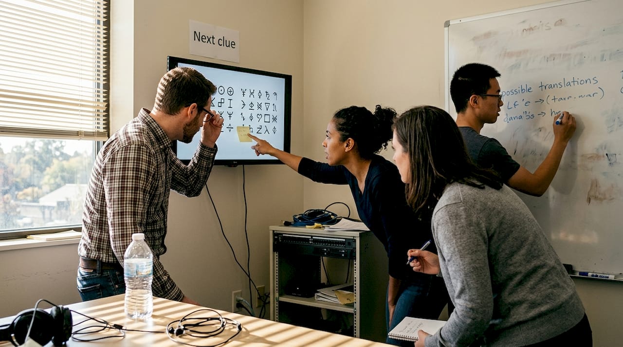Small team collaborating in cyber-themed escape room