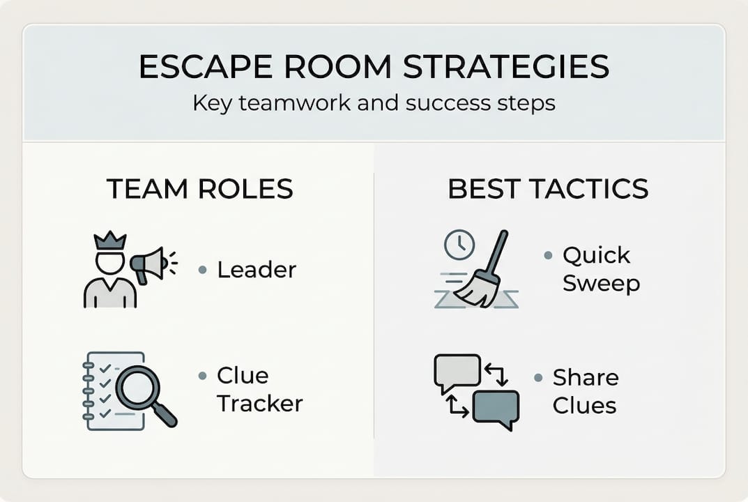 Infographic showing escape room team roles and tactics