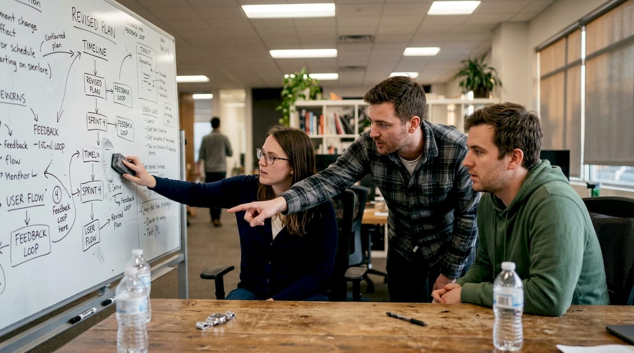 Colleagues revising escape room strategy