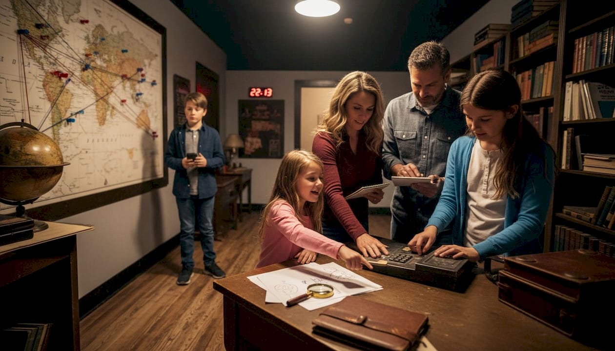 Family solving escape room puzzle together