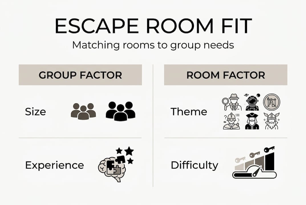 Infographic showing escape room group and room factors