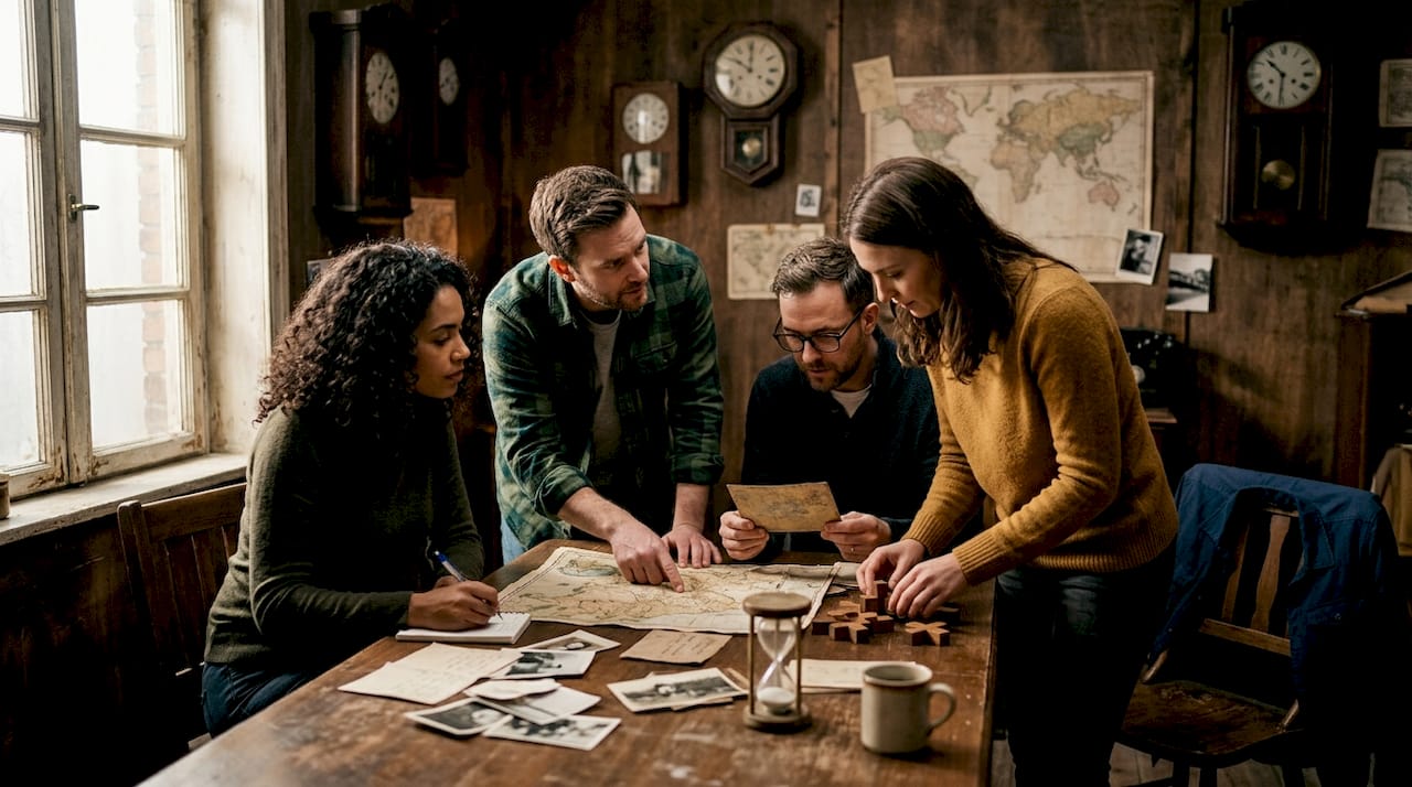 Team solving puzzles together in escape room