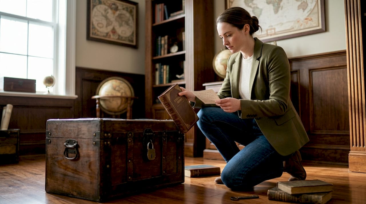 Participant investigating bookshelf clue in escape room