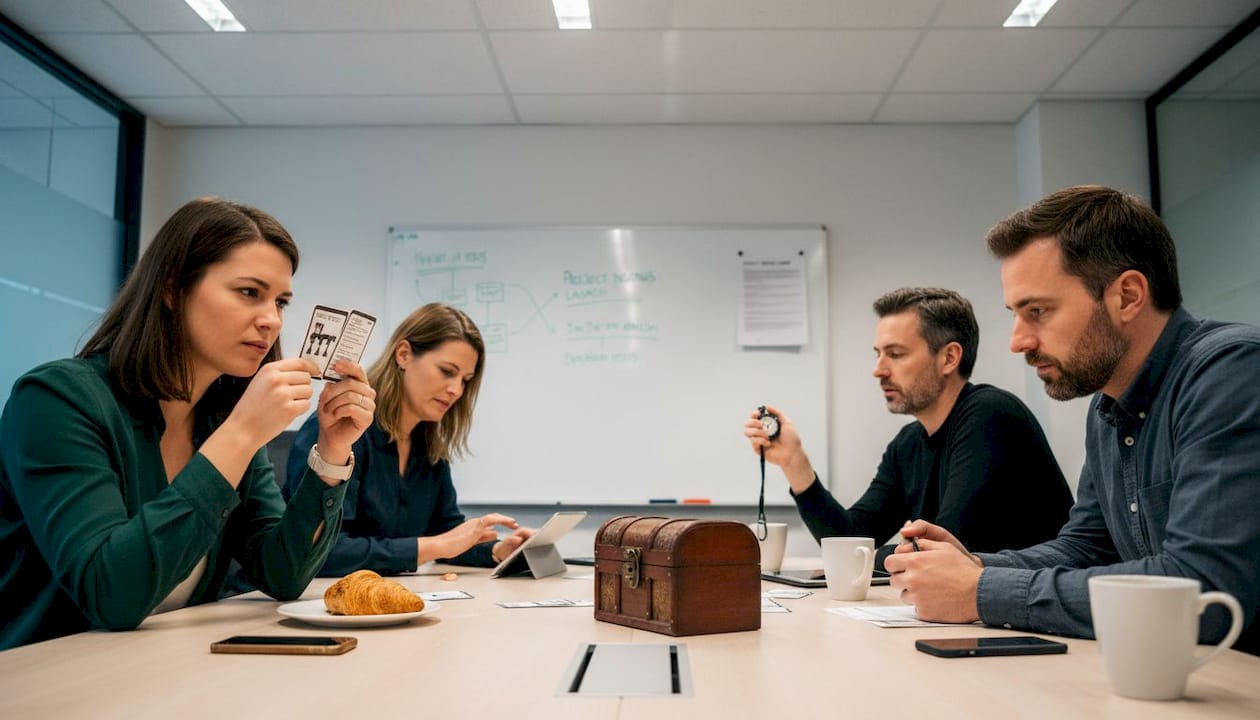 Coworkers solving escape room puzzle in office