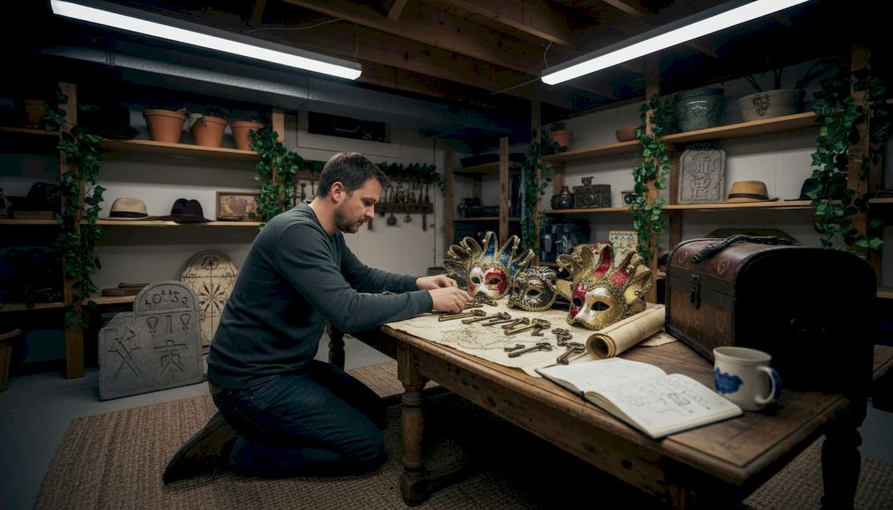 Designer arranging props in escape room