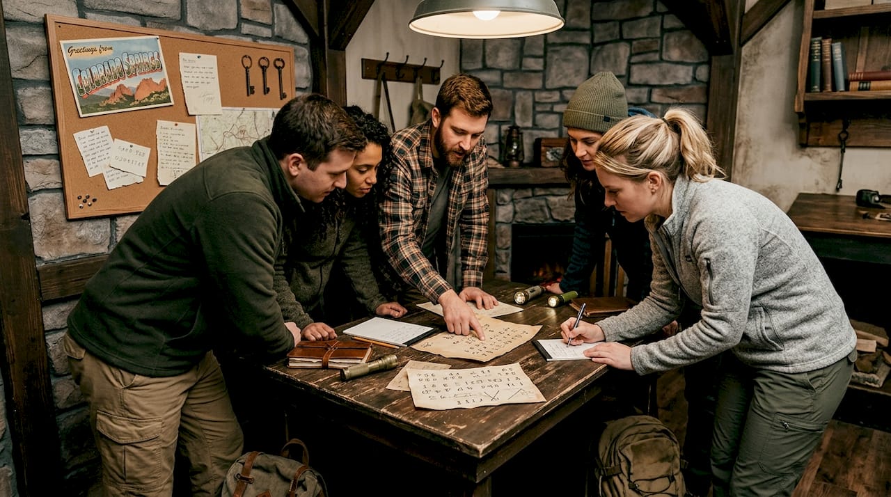 Tourists collaborating on puzzle in themed room