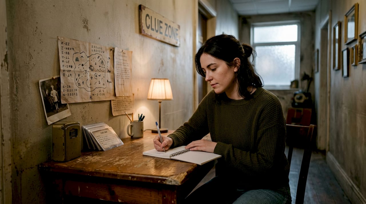 Participant notes clues beside escape room puzzles
