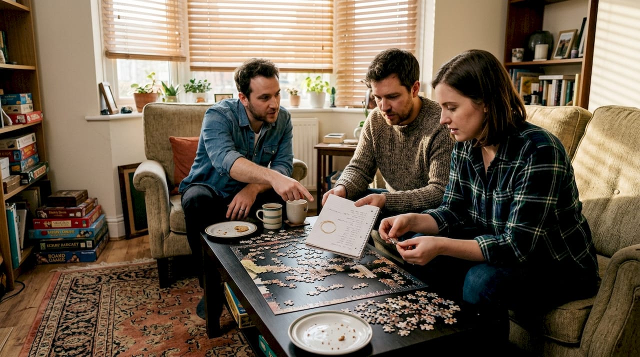 Players collaborating to solve escape room puzzle