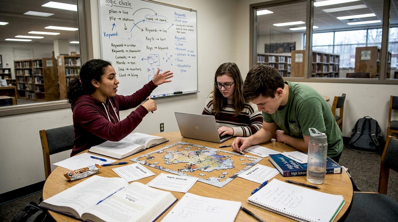 Students collaborate on escape room teamwork activity
