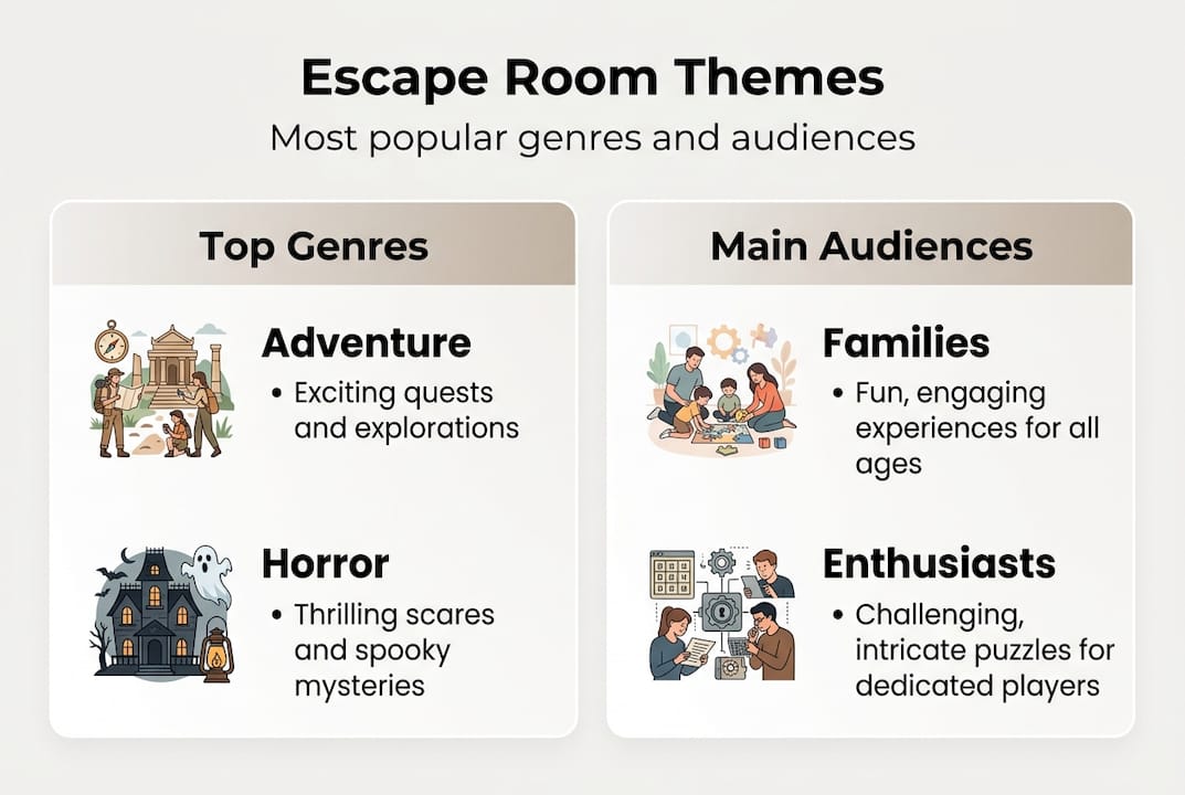 Infographic of top escape room themes and audiences