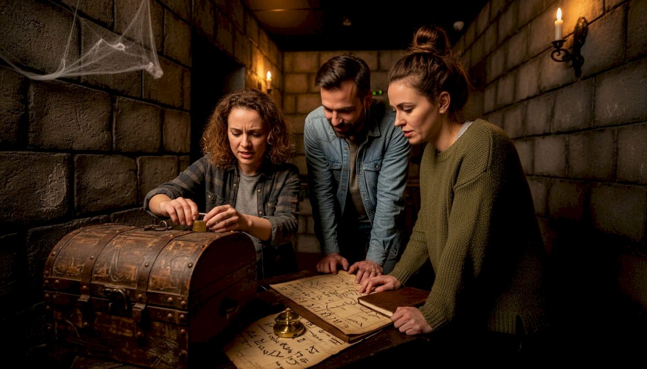 Friends cooperate solving escape room puzzle