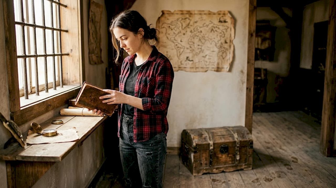 Woman exploring props in themed escape room