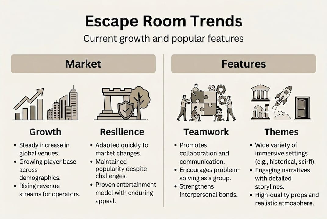 Infographic showing escape room industry trends and features