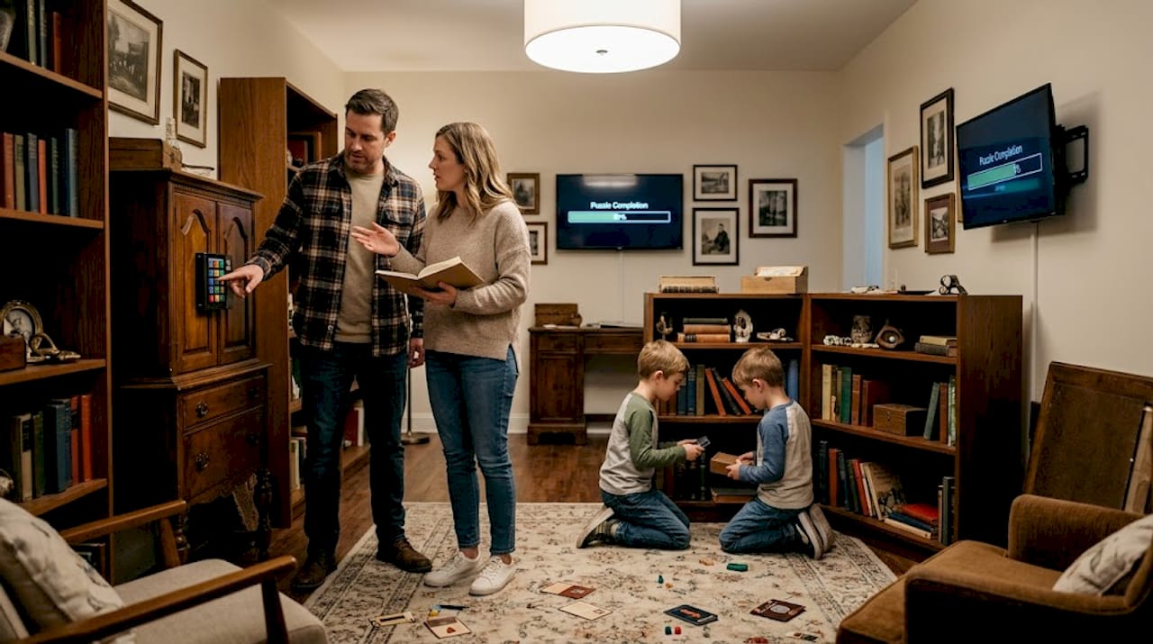 Family working together on observation puzzle
