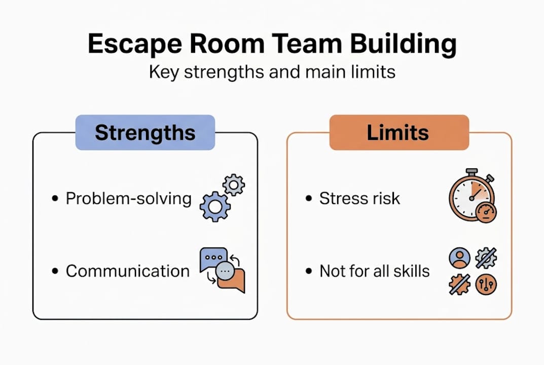 Infographic summarizing escape room team building strengths and limits