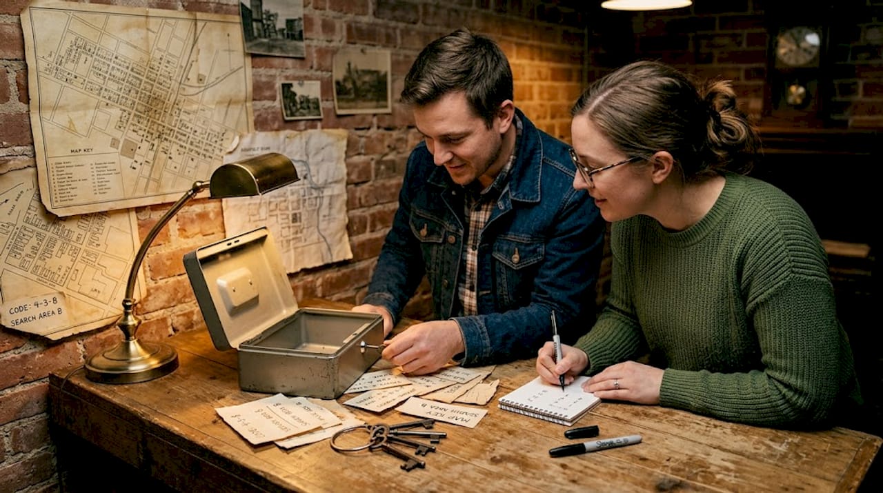 Team attempts lock puzzle during escape room