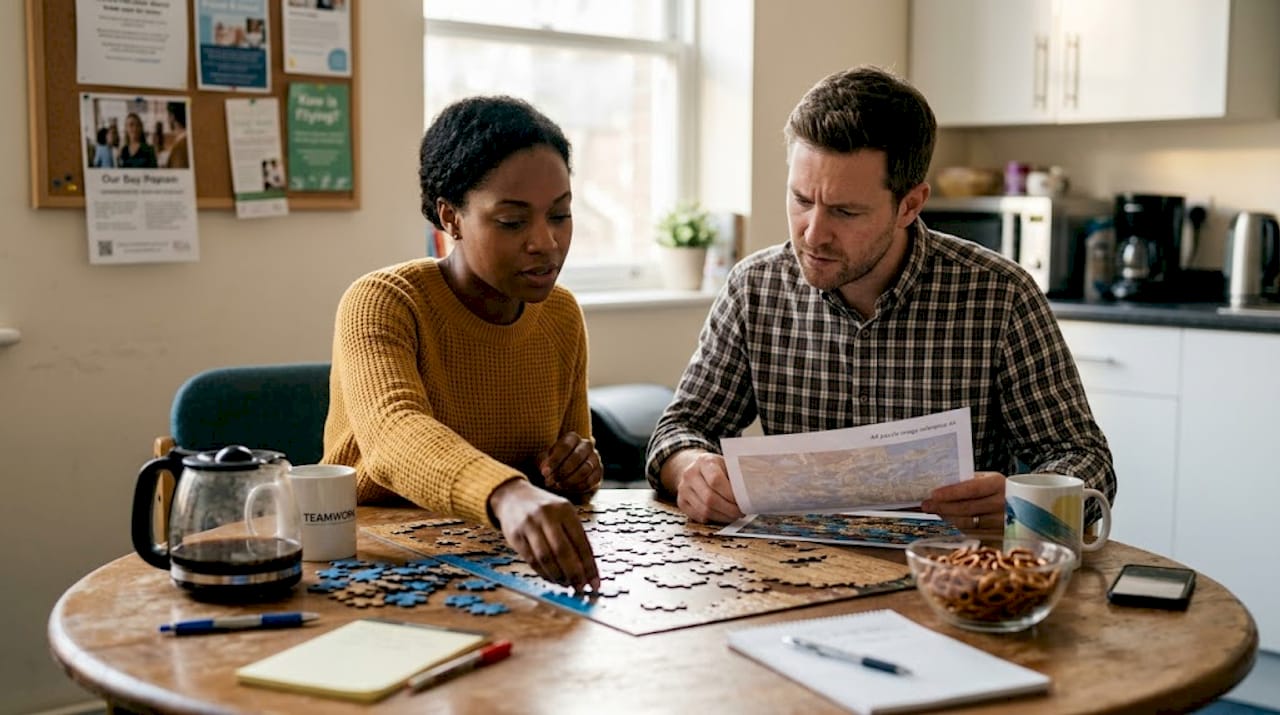Team collaborating on jigsaw puzzle