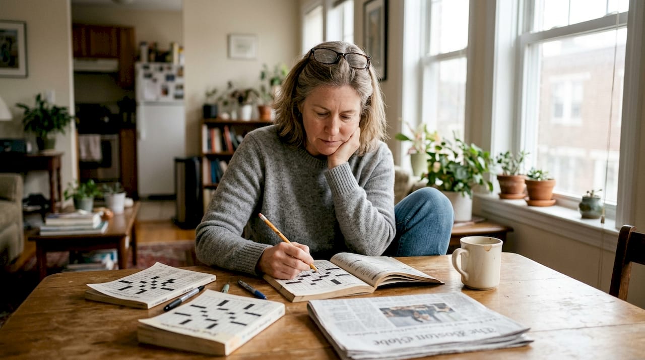 Woman solving crossword puzzle at home table