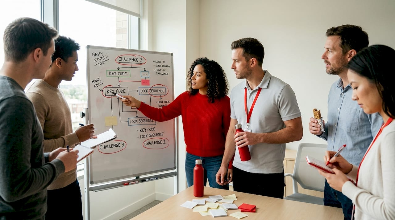 Team discussing workflow at office whiteboard