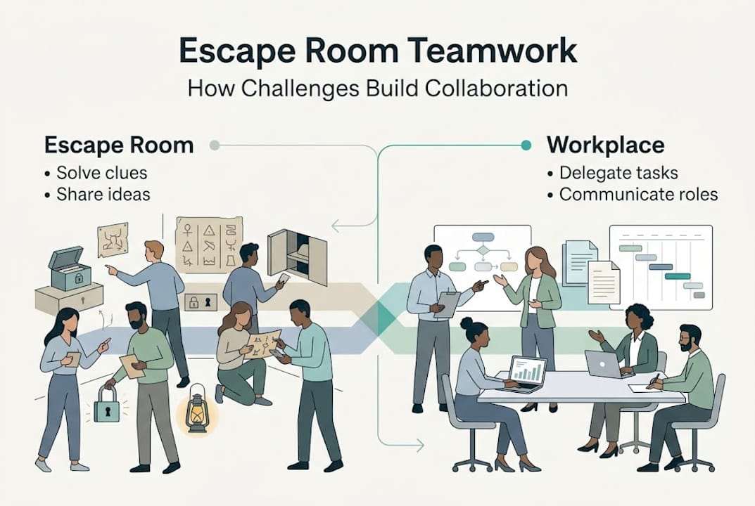 Infographic comparing escape room and workplace teamwork