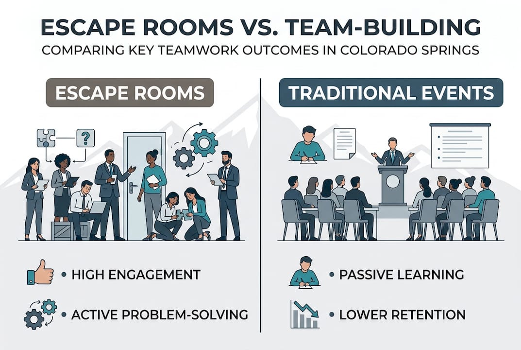 Infographic comparing escape rooms and traditional team building