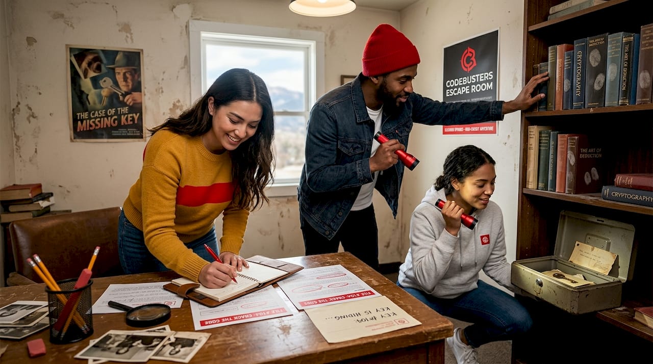 Group solving clues in themed escape room