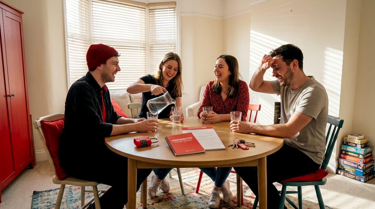 Friends debriefing after escape room challenge