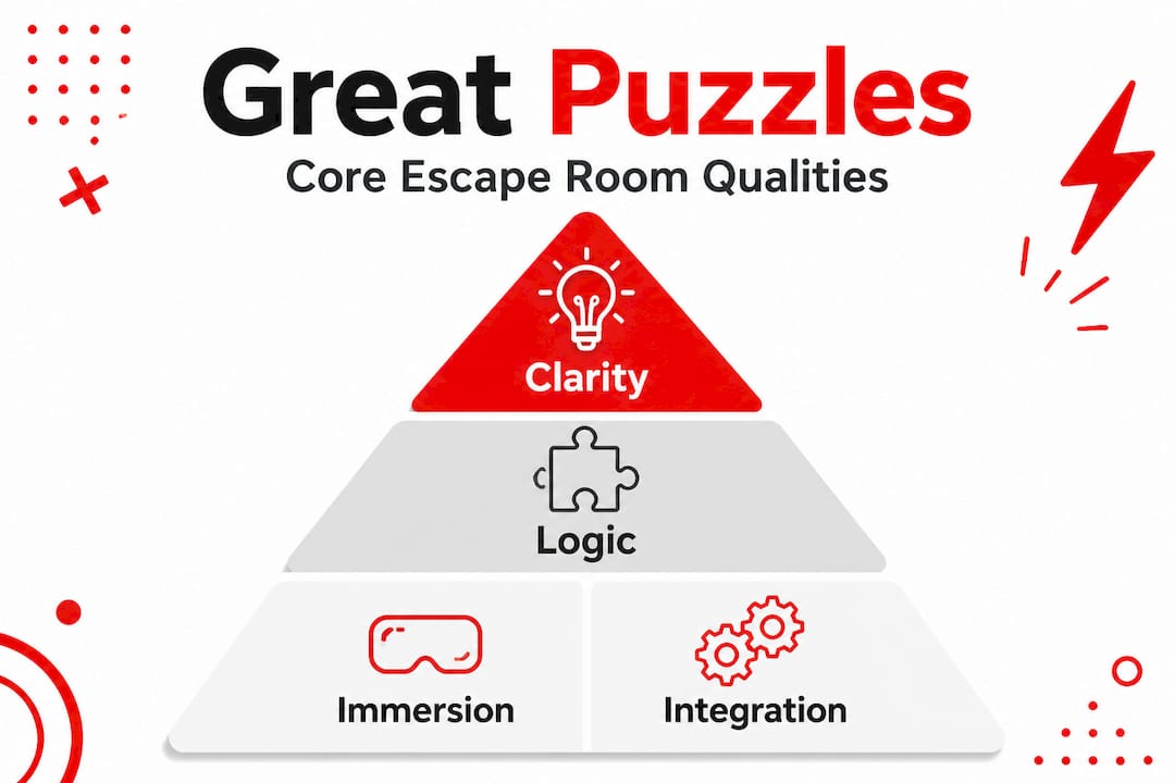 Hierarchy infographic showing escape room puzzle qualities